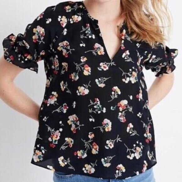 MADEWELL BNWOT Black Floral Vneck Ruffle Short Sleeve Top Sz XSmall Silk - Picture 8 of 8